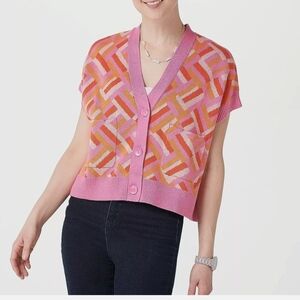 Isaac Mizrahi Pink and Orange Geometric Plus Size Sweater Cardigan